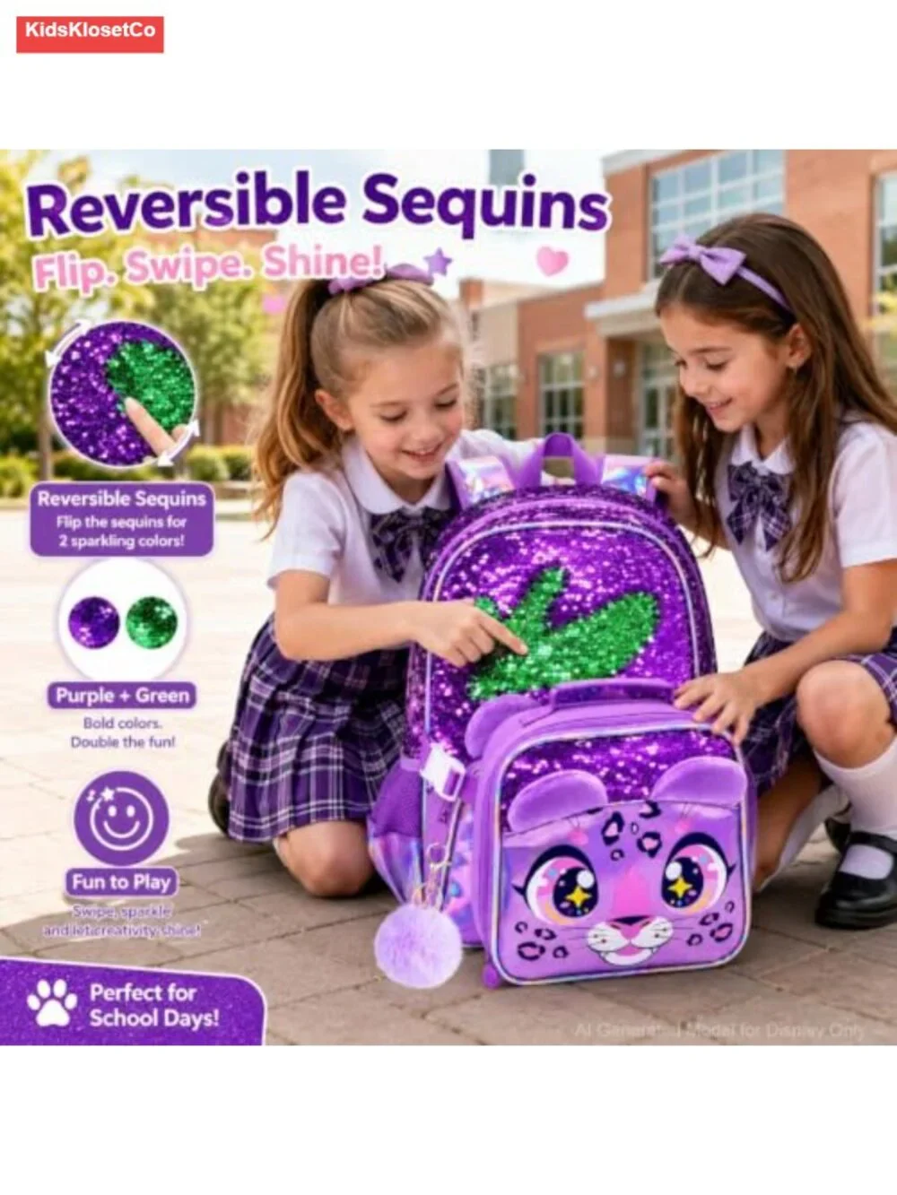 Water Resistant Kids Backpack Set with Lunch Bag and Pencil Bag, Reversible